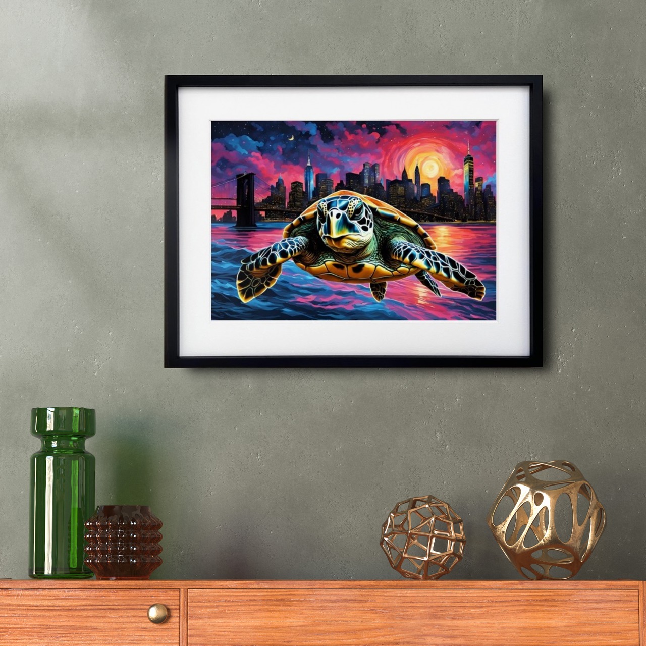 Leaving New York｜コラージュアートポスター 空を飛ぶ亀が描く幻想世界｜モダン空間を彩るユニークで神秘的なインテリア作品A3ポスター