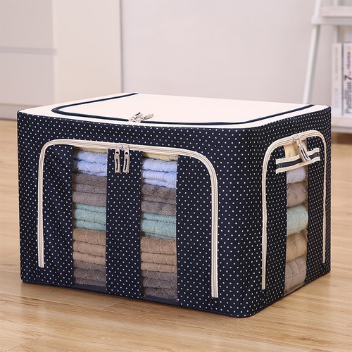 衣類収納ボックス 収納ケース リネン ネイビー シングルウィンドウ 綿 麻 収納ボックス 家庭用 折りたたみ布 スチールフレームボックス 防湿防塵キルト 収納ボックス おもちゃ収納 ボックス