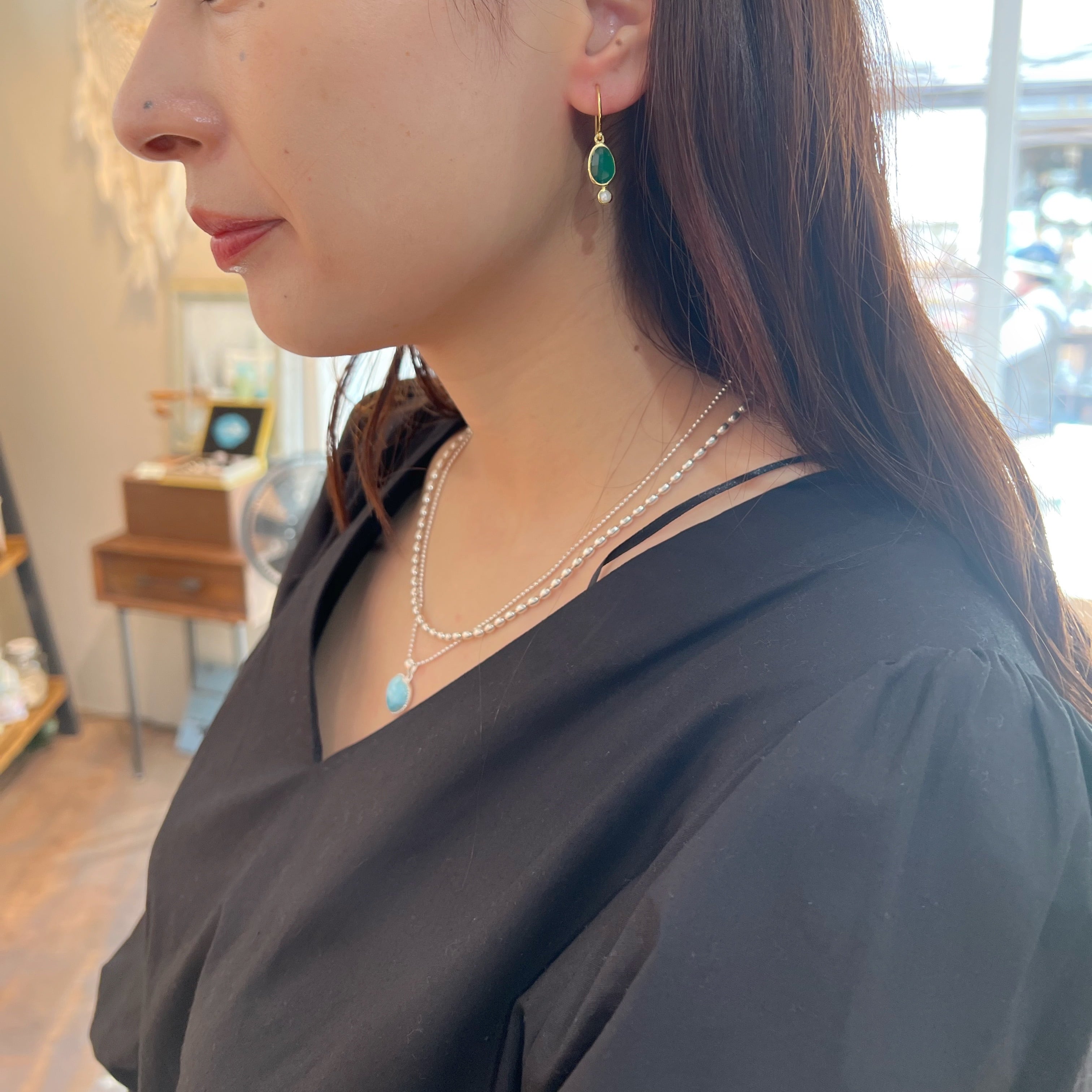 ラスト2！】Gold Coating グリーンオニキス とプチパール フックピアス