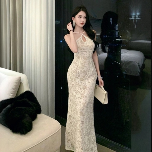 レース バックスリット 女っぽさが漂う パーティードレス ベージュ S M L