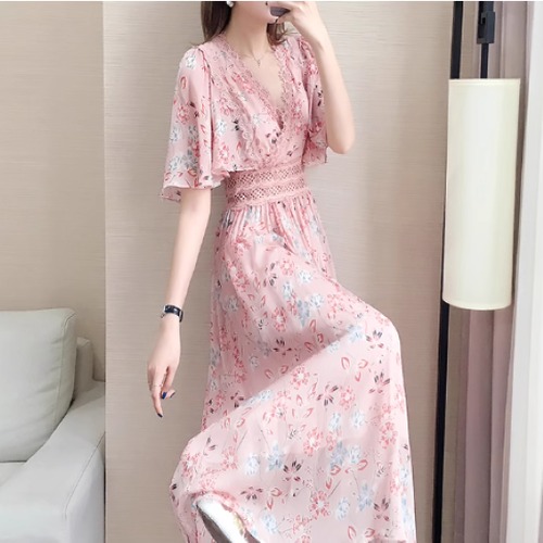 シフォンワンピース レディース ワンピース ミドル丈ワンピース 花柄ワンピース フラワー Ｖネック カシュクール ハイウエスト 春夏 フェミニン きれいめ カジュアル お出かけ おしゃれ 半袖 女性