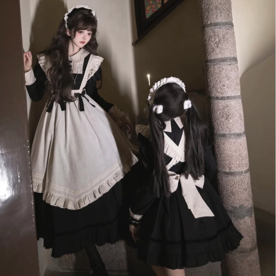 メイド服 クラシカルメイド服 ワンピ 長袖 レトロ エプロン ヘア