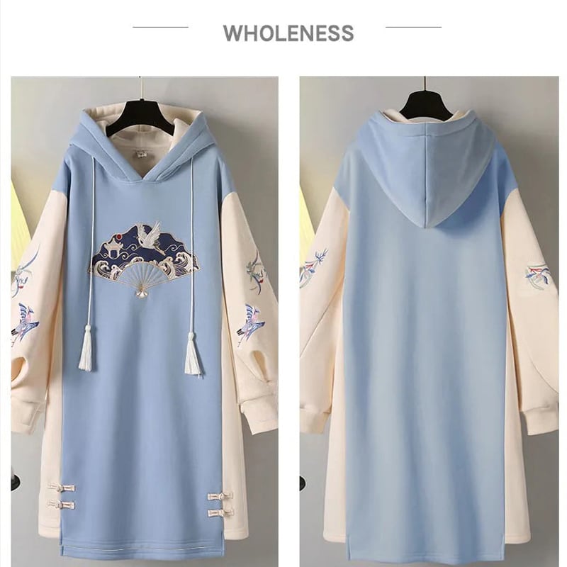 人気商品再入荷 篱笆外有只猫シリーズ チャイナ風ワンピース 鶴 秋冬服 パーカーワンピース 裏起毛 刺繍 大きいサイズ Elegant