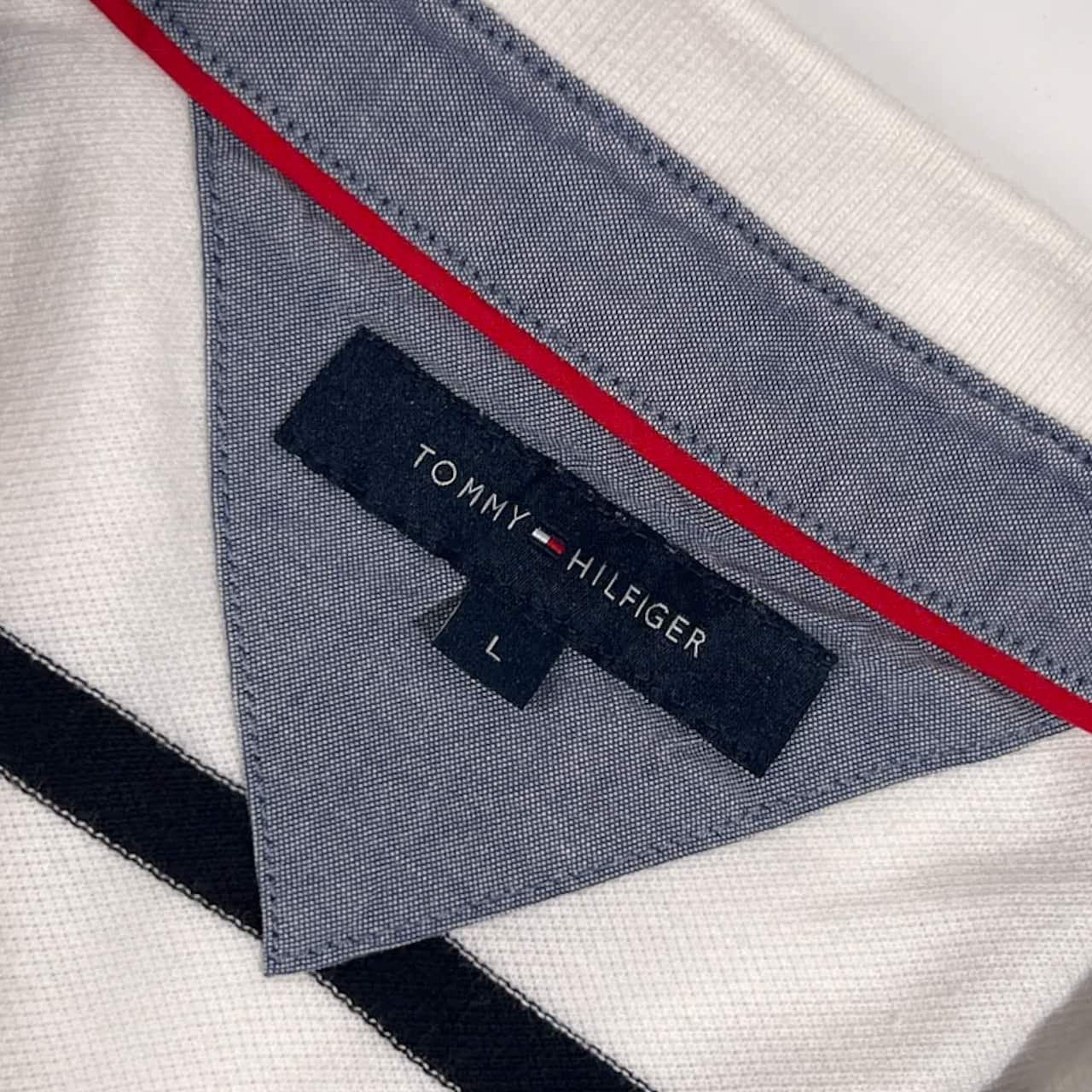 TOMMY HILFIGER トミーヒルフィガー ワンポイント ボーダー 鹿の子 半袖 ポロシャツ サイズ L /ホワイト×ブラック系 メンズ
