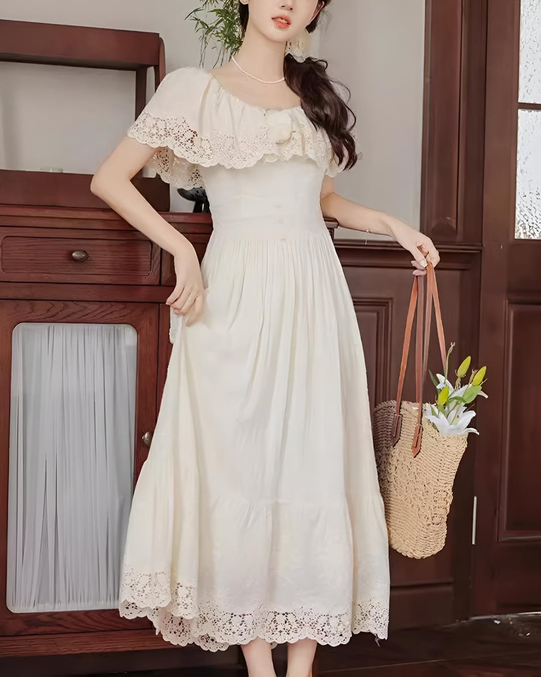 オフショルダーレースエレガントローズワンピース 2501030