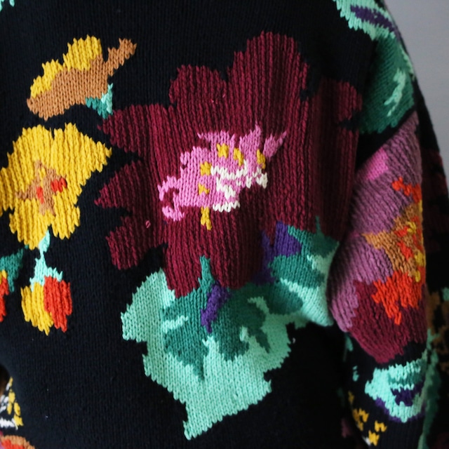 flower art full pattern over silhouette cotton knit jacket