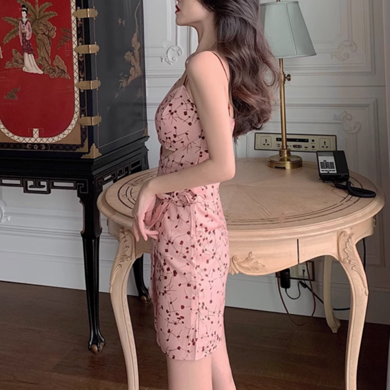 Pink Floral Spaghetti Strap Dress 5109