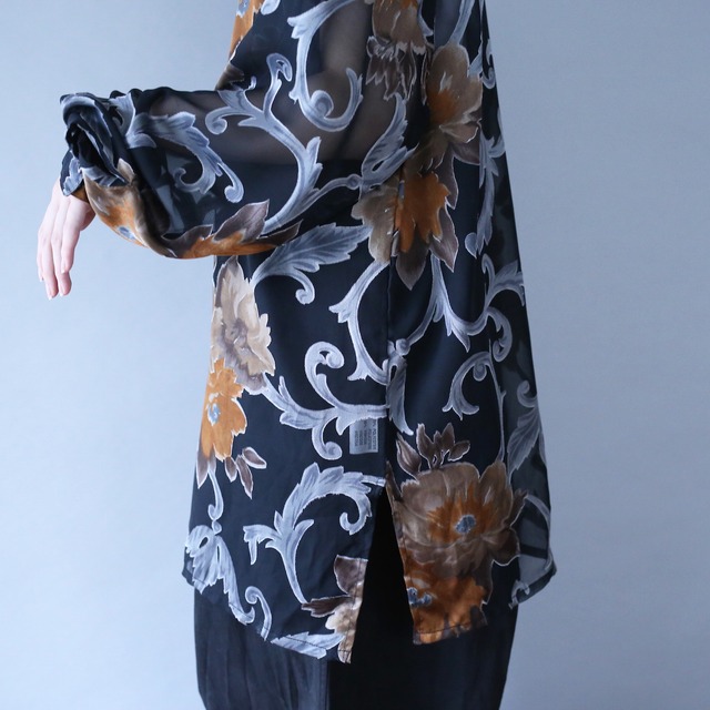 beautiful flower art pattern black mode see-through shirt