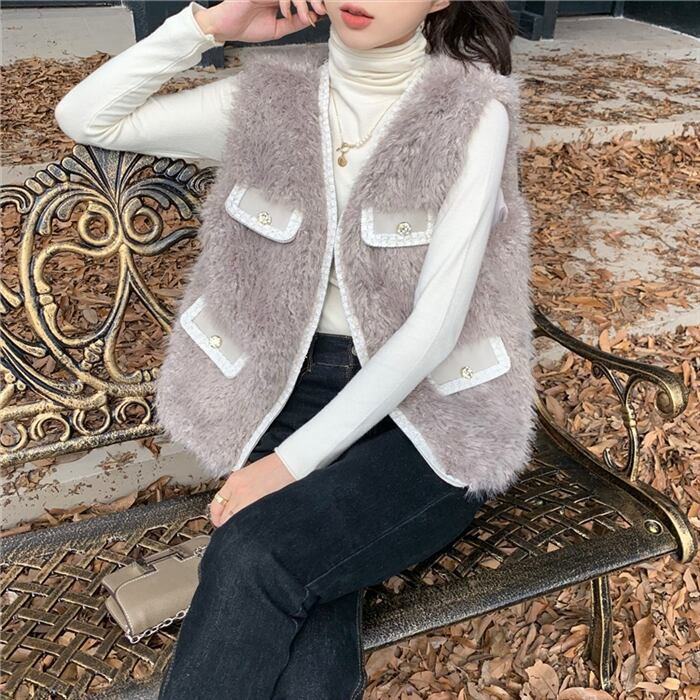 【M】ベストモコモコ あったか パープル 軽い 主婦 重ね着 ポケットストライプ