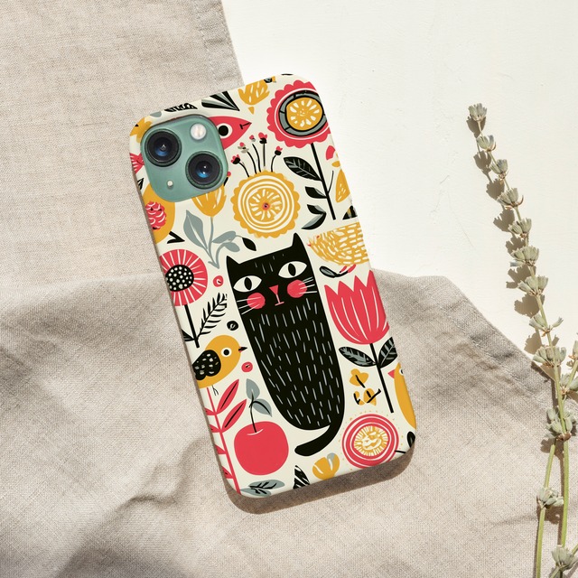 受注生産 iPhoneケース 黒猫と花のサイケ民芸総柄｜猫モチーフ PSYF073B