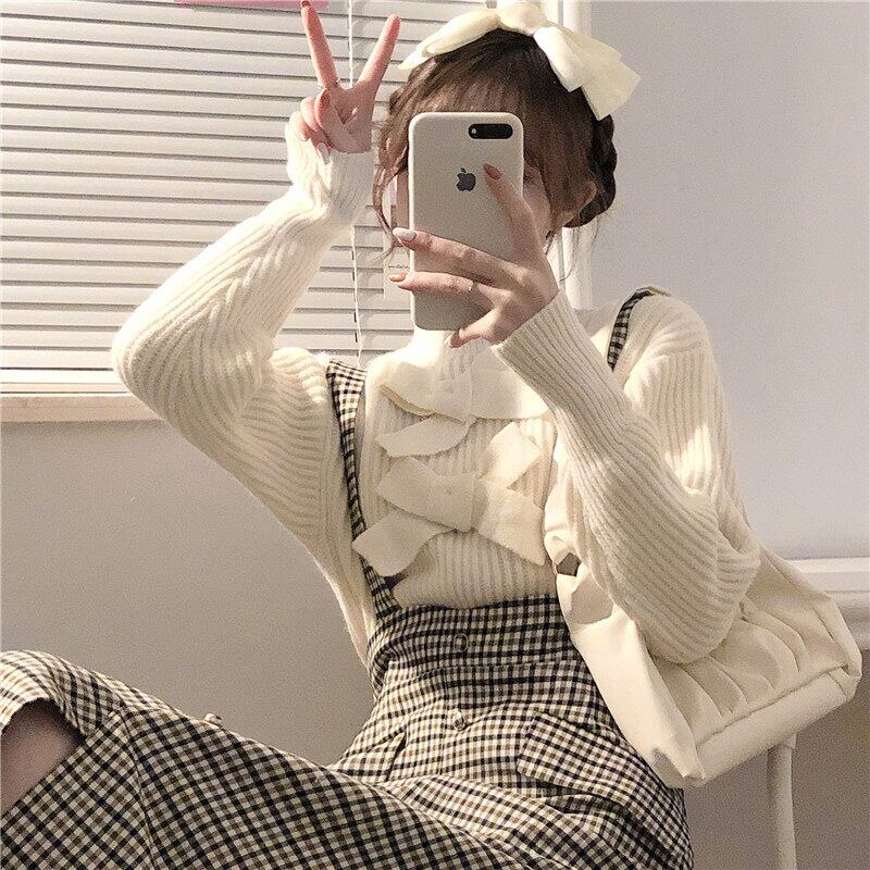 スタイルスタンダードオータムウィンターダブルポケットスカート リボンセーター レトロ 秋物 冬物 萌量不足5272786437