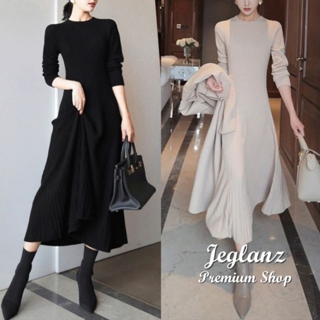 2色 ニット ワンピース ラウンドカラー プリーツ 美シルエット （O0736）γ