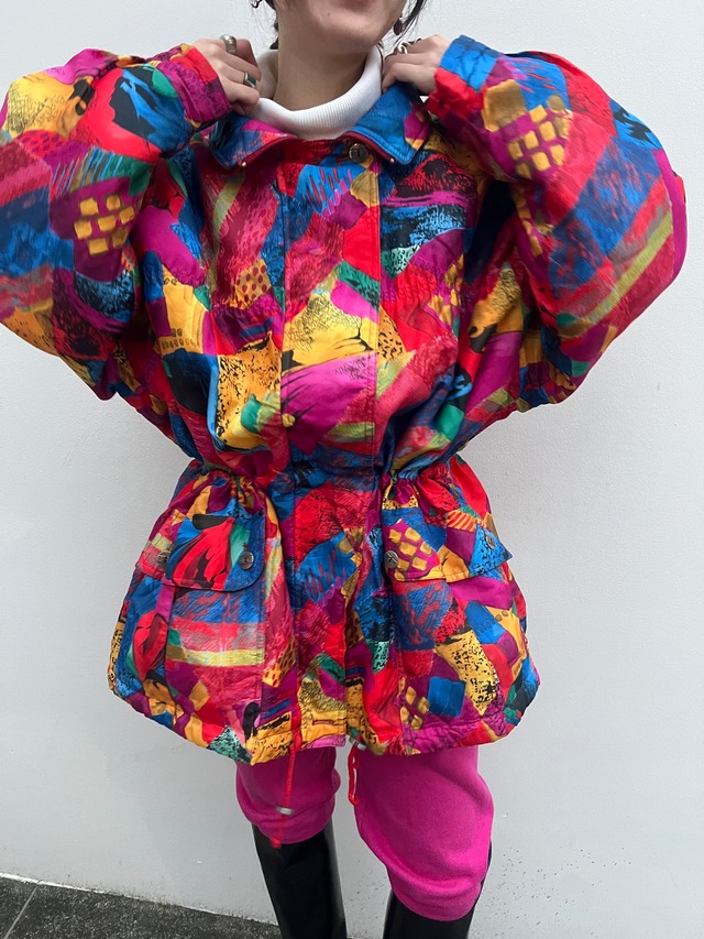 Vintage EUR multicolored foodie blouson  ( ヴィンテージ ヨーロッパ  マルチカラー フード つき 中綿入り ブルゾン )