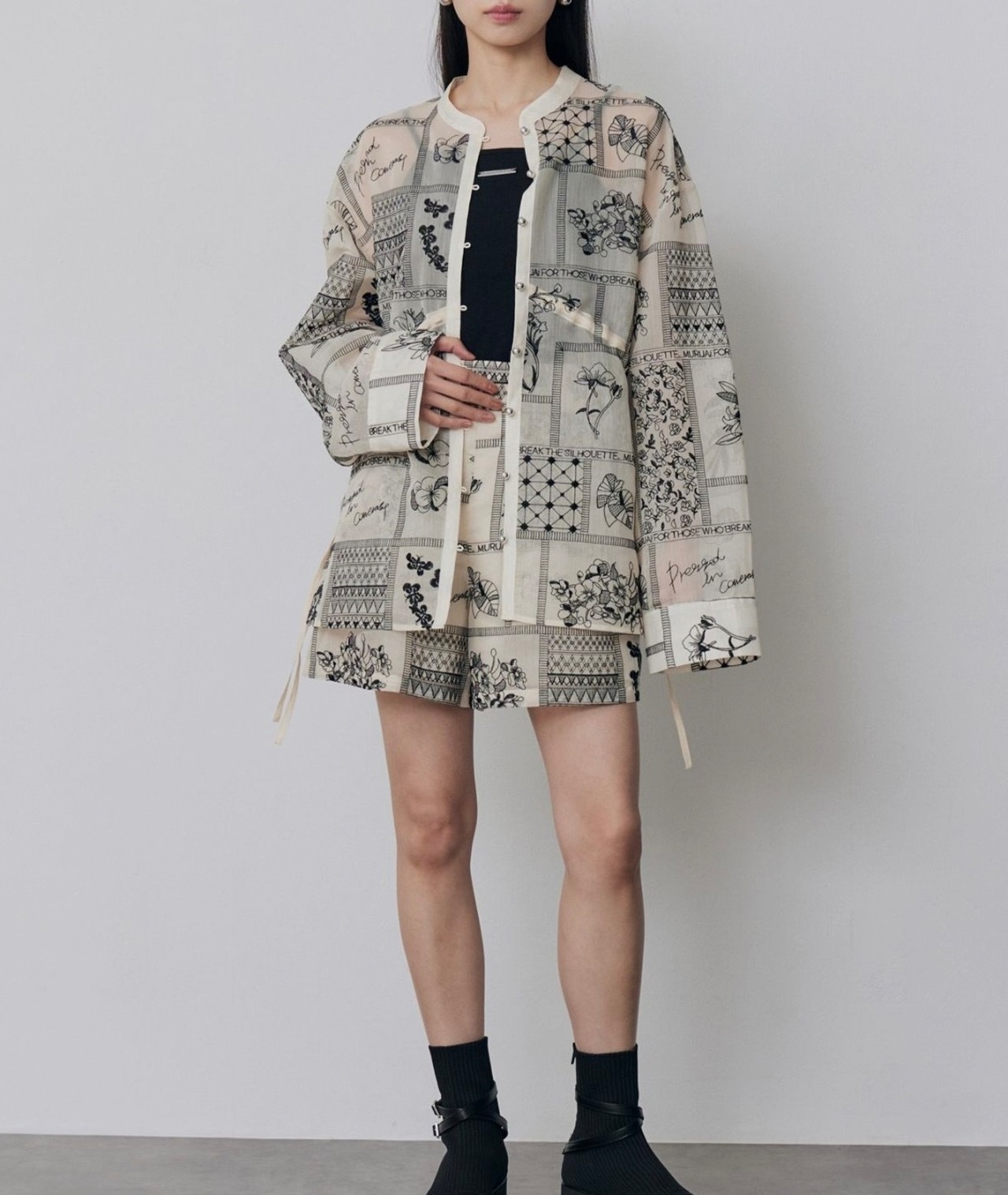 Drawstring Waist Sheer Lace Shirt / IVORY - 4