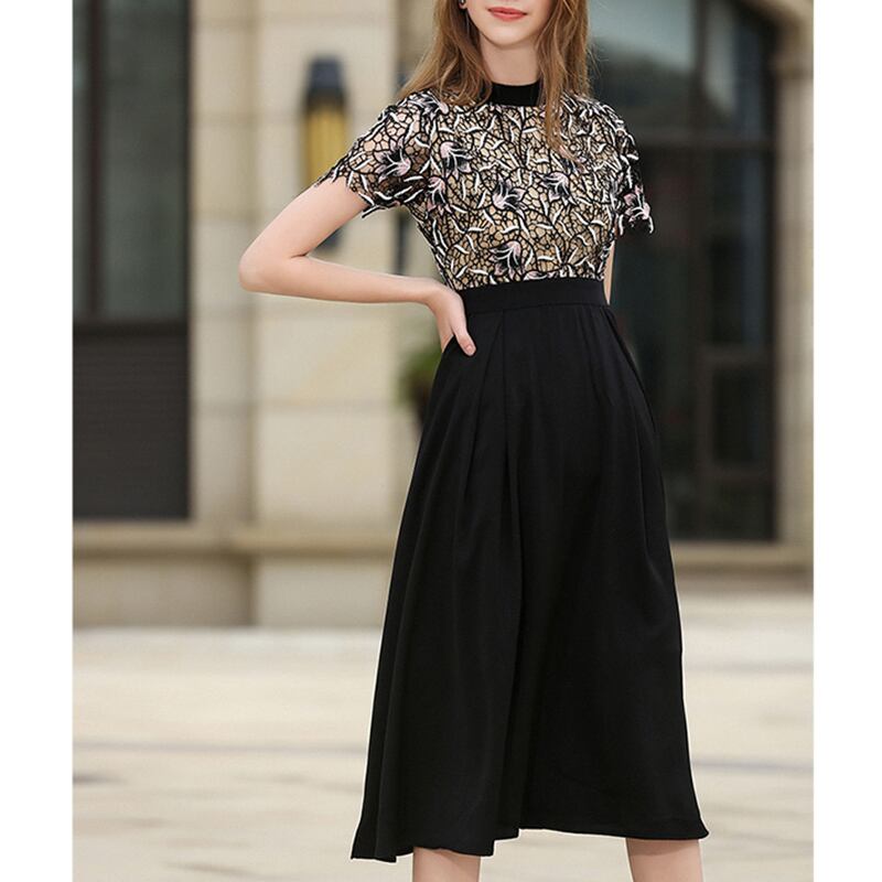 半袖 スタンドカラ— レース ワンピース