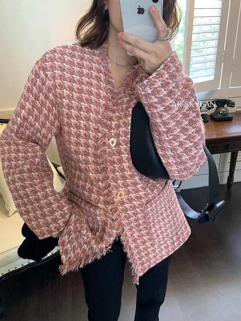 ジャケット オータムスタンダード格子柄 ロング レトロ 秋物 ビッグFスモールZ韓国91941538070