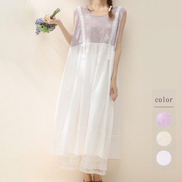 お花カットワーク刺繍レースノースリーブワンピース W1933