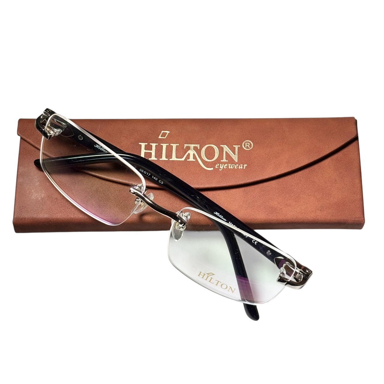 (nos) vintage HILTON dark blue cell arm rimless glasses
