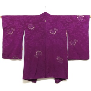 4406R2 長羽織 綸子 紋付 アンティーク着物 正絹 昭和レトロ ヴィンテージ 古布 和装 和服 HAORI JACKET ANTIQUE KIMONO JAPAN VINTAGE