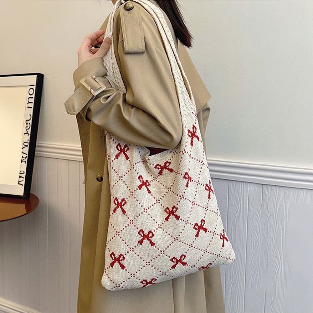 リボン柄 ニット トートバッグ レディース 韓国 大容量 大人 かわいい おしゃれ 通勤 通学 エコバッグ 折り畳み 軽量 A4 きれいめ カジュアル 大人可愛い 大人女子