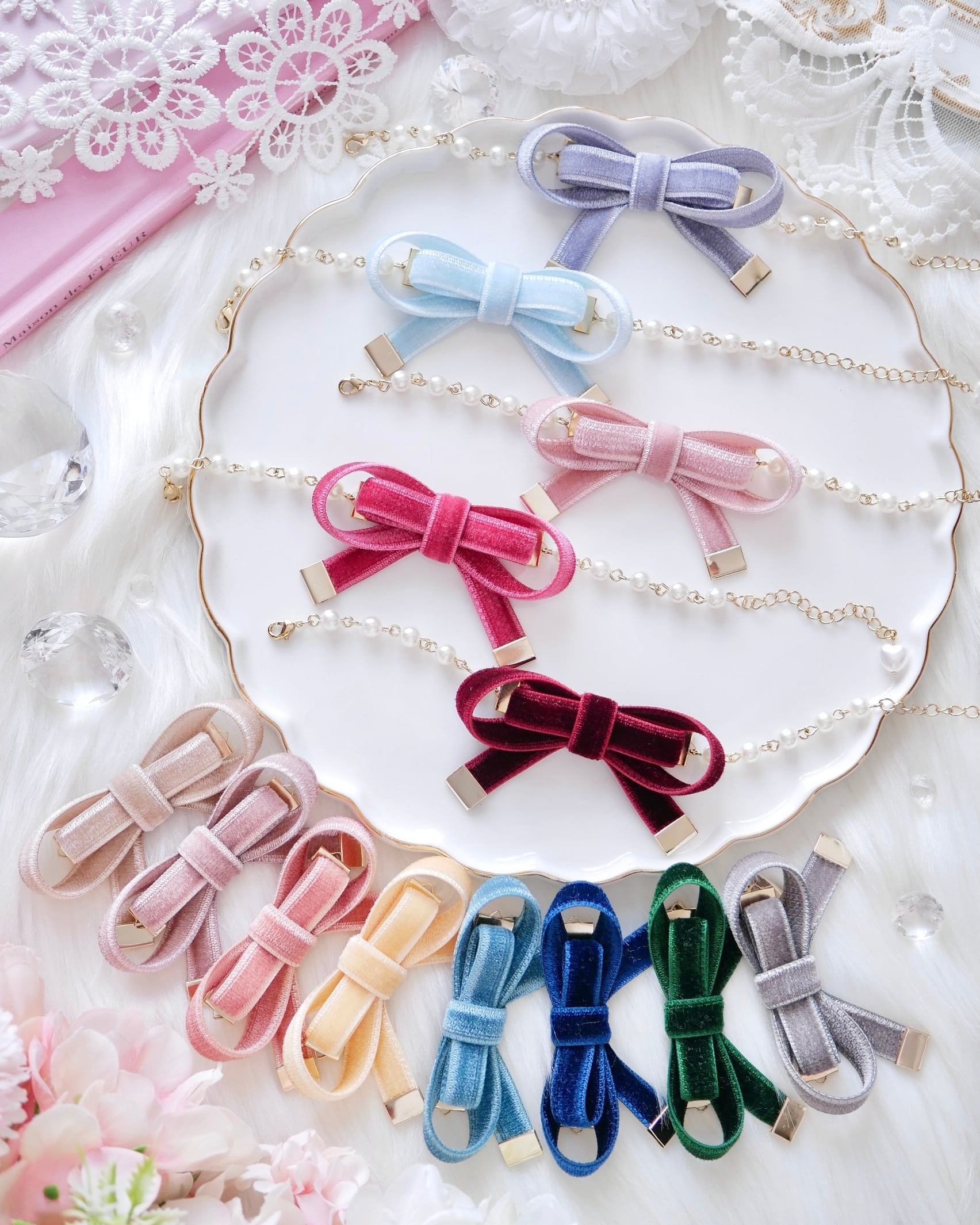 7903 ベルベットスウィートリボンパールチェーンブレスレット