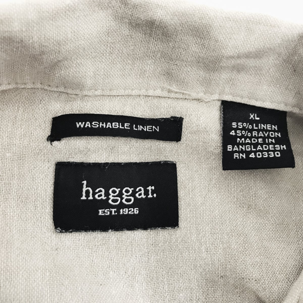 haggar ハガー　半袖　ラインシャツ　ブラック　刺繍デザイン　リネン　2XL