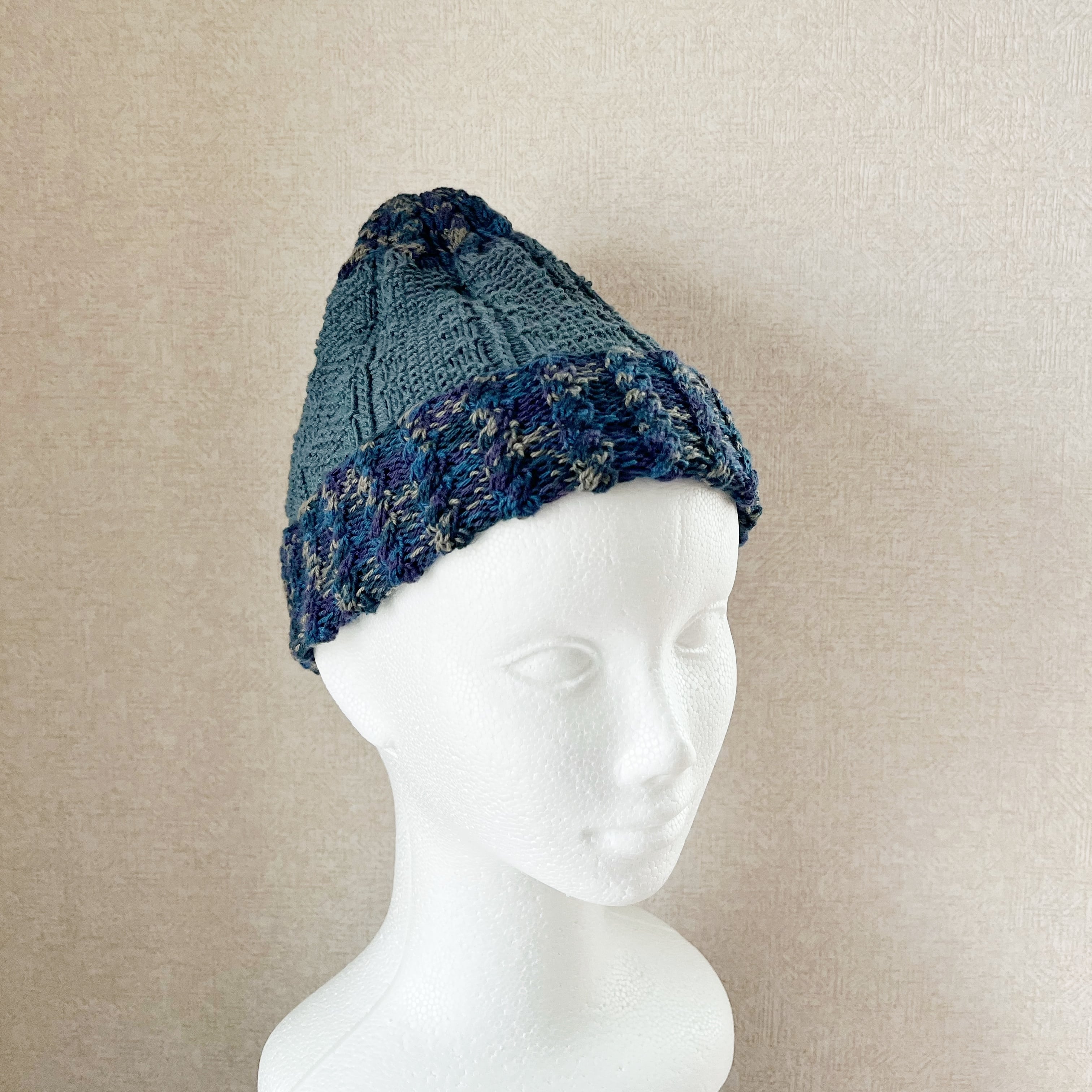 コットンのニット帽 ネイビーグリーン ケーブル＋ガンジー | cottoncat