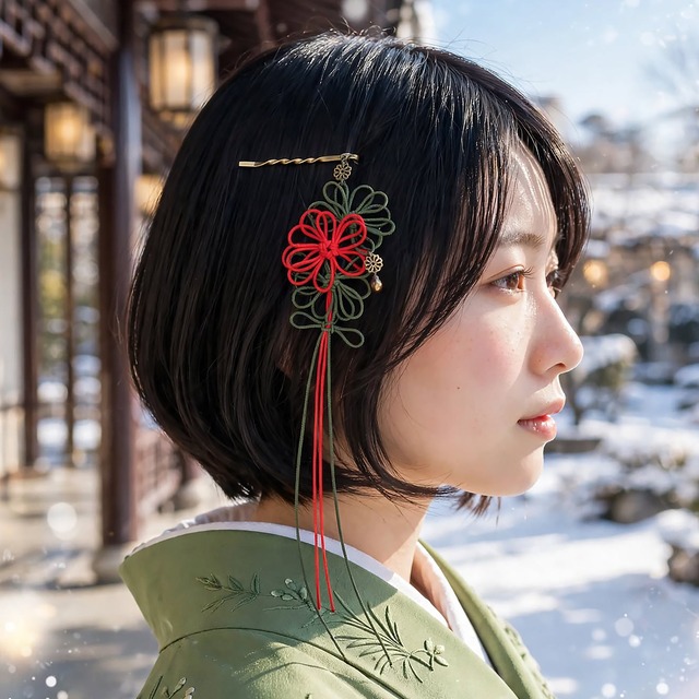 飾り結びヘアピン「陽の艶、日々に」（朱×深緑）【軽量快適】ショートヘアも簡単和風アレンジ。