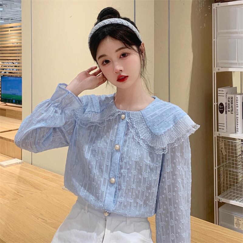 レースカラーシャツ オータムスタンダードトップス ロング レトロ 秋物 1号婦人93573917951