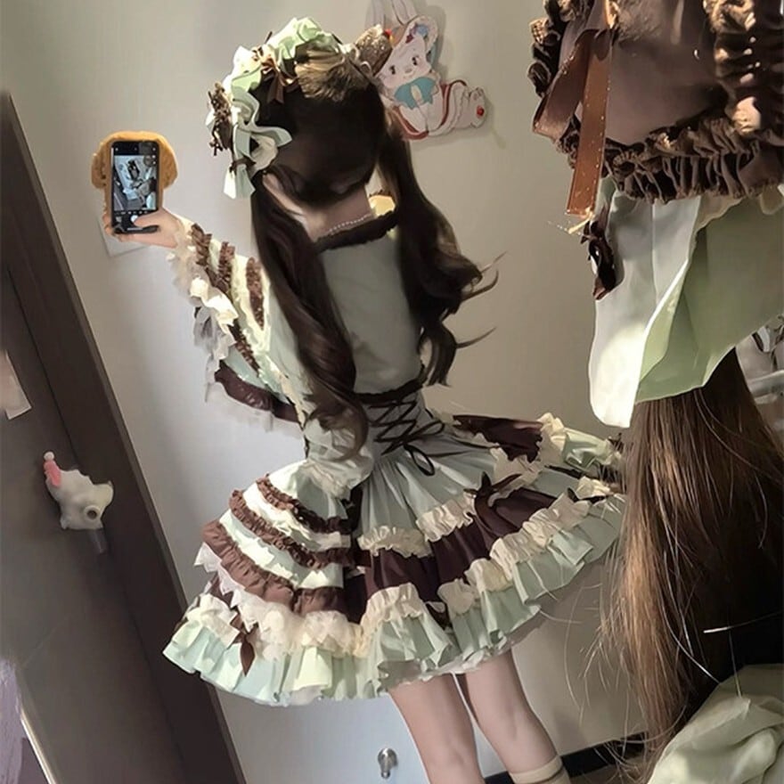 ミントチョコレート セットアップ プリンセスドレス 姫袖 ヘッドドレス