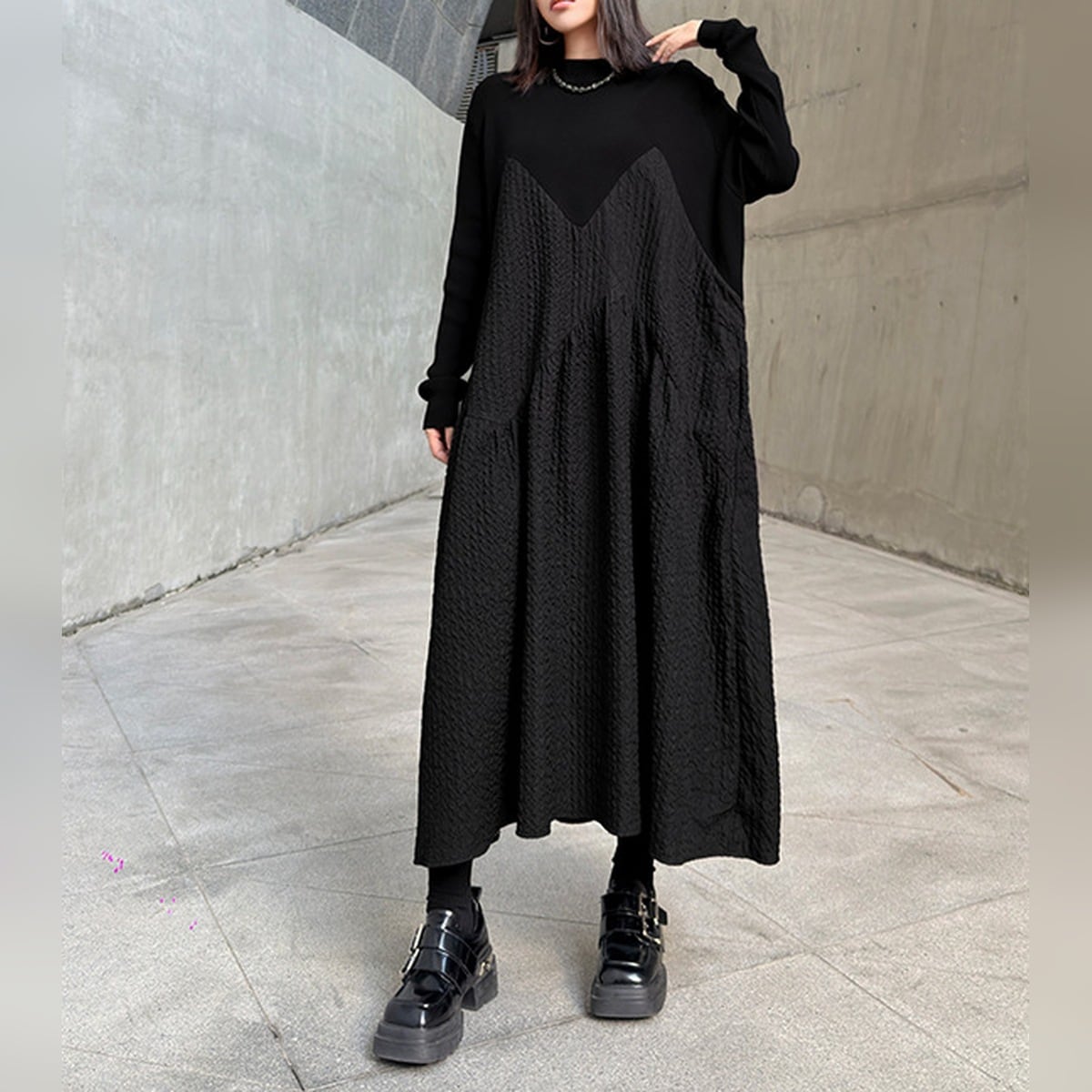 ニット切り替え モックネック ロング Aラインワンピース 1color ON1074