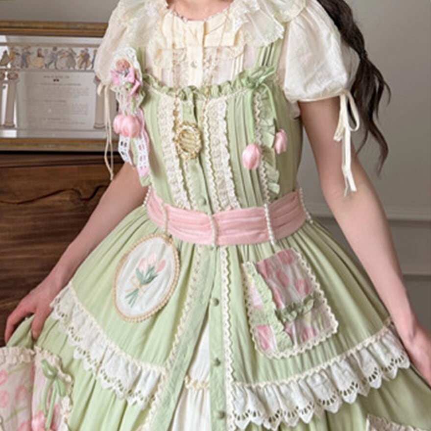 ロリータ ワンピース ジャンパースカート 甘ロリ グリーン ピンク Sサイズ ロリータファッション 甘ロリ グリーンフリルジャンパースカート