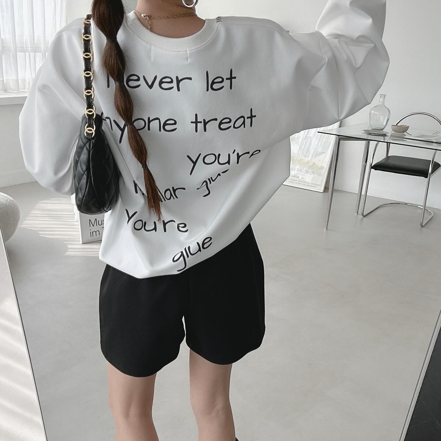 韓国 ルーズプリントトレーナー ショートパンツ セット 502264 レターバックプリントスエットシャツ+ショートパンツ K23