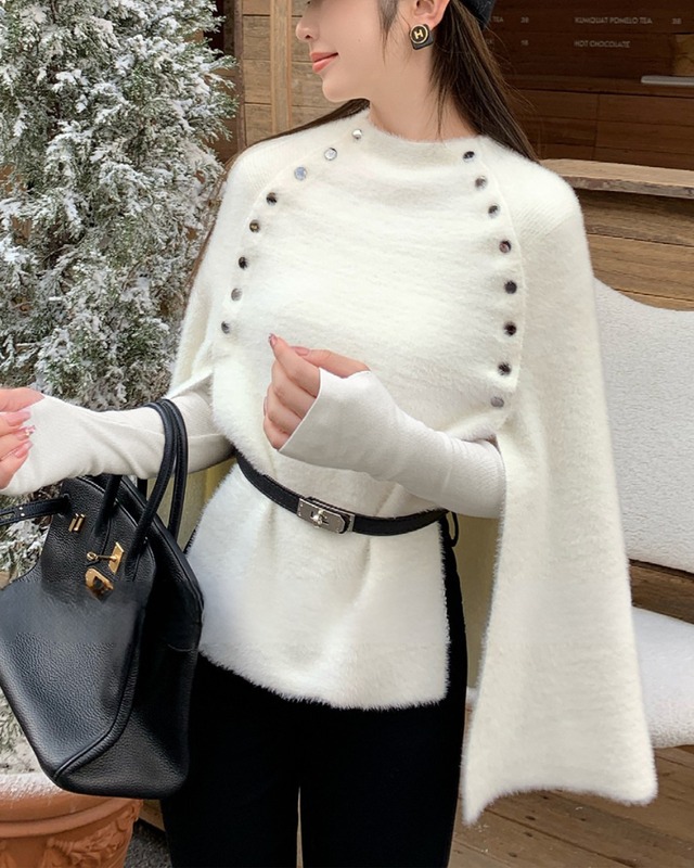 ボタンデザインケープニットトップス　l5376