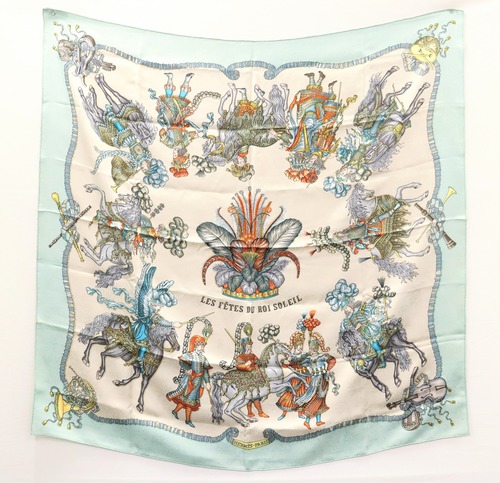 HERMES エルメス カレ90 太陽王の祝典 ＬＥＳ ＦＥＴＥＳ ＤＵ ＲＯＩ ＳＯＬＥＩＬ ジャガード 緑 21-4498
