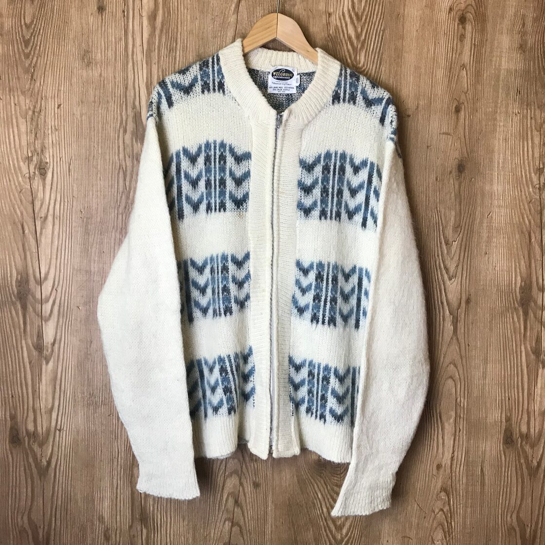 60s VINTAGE フルジップ ニット セーター モヘアカーディガン メンズ L 