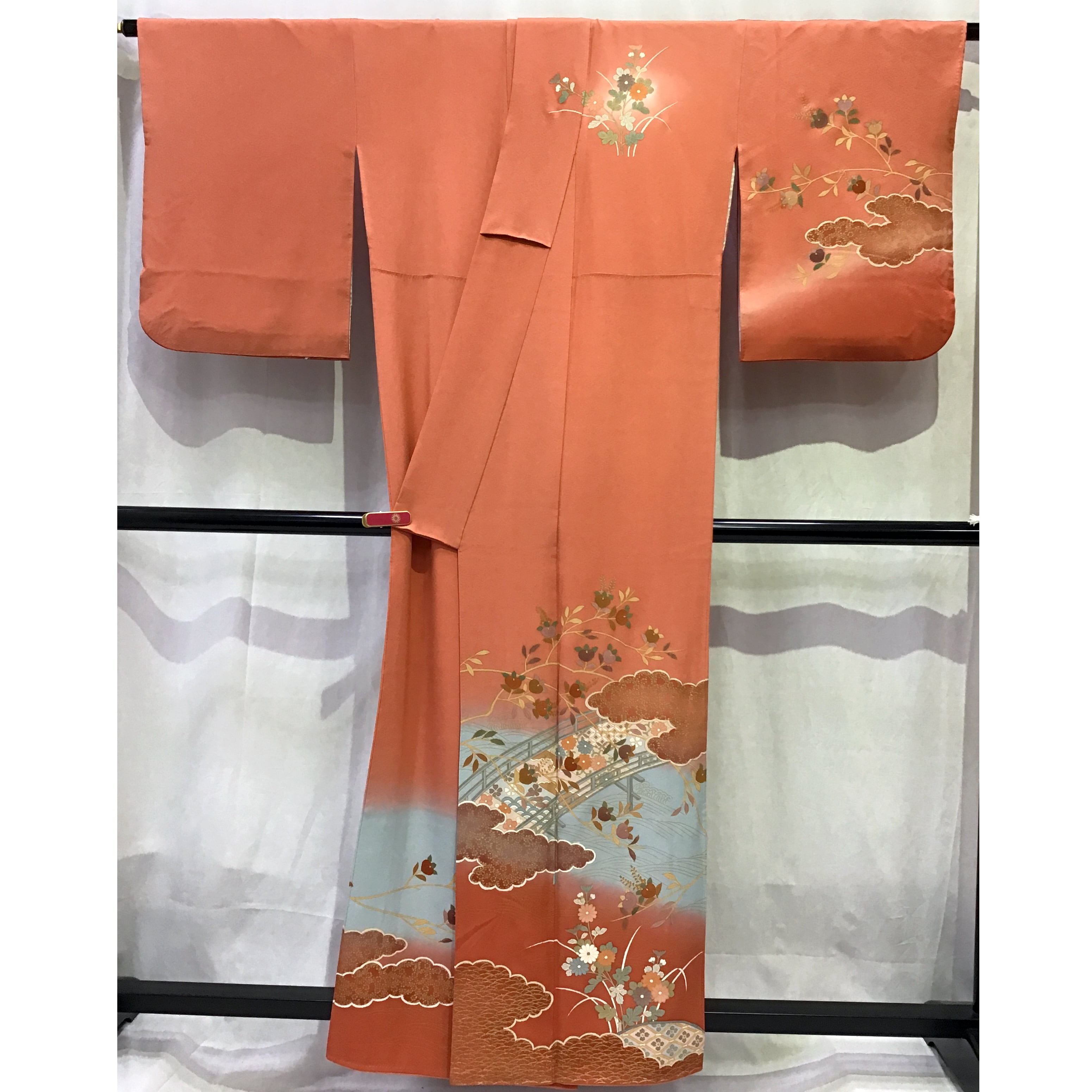 正絹・訪問着・オレンジ地・自然文様・着物・No.200701-0716・梱包