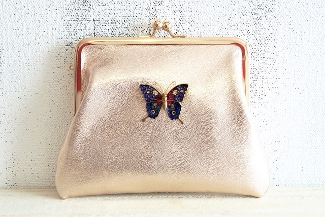 leather pink pearl butterfly gamaguchi pouch handmade ● 手作りパール加工牛革ラブリーピンクがま口クラッチバッグポーチハンドメイド