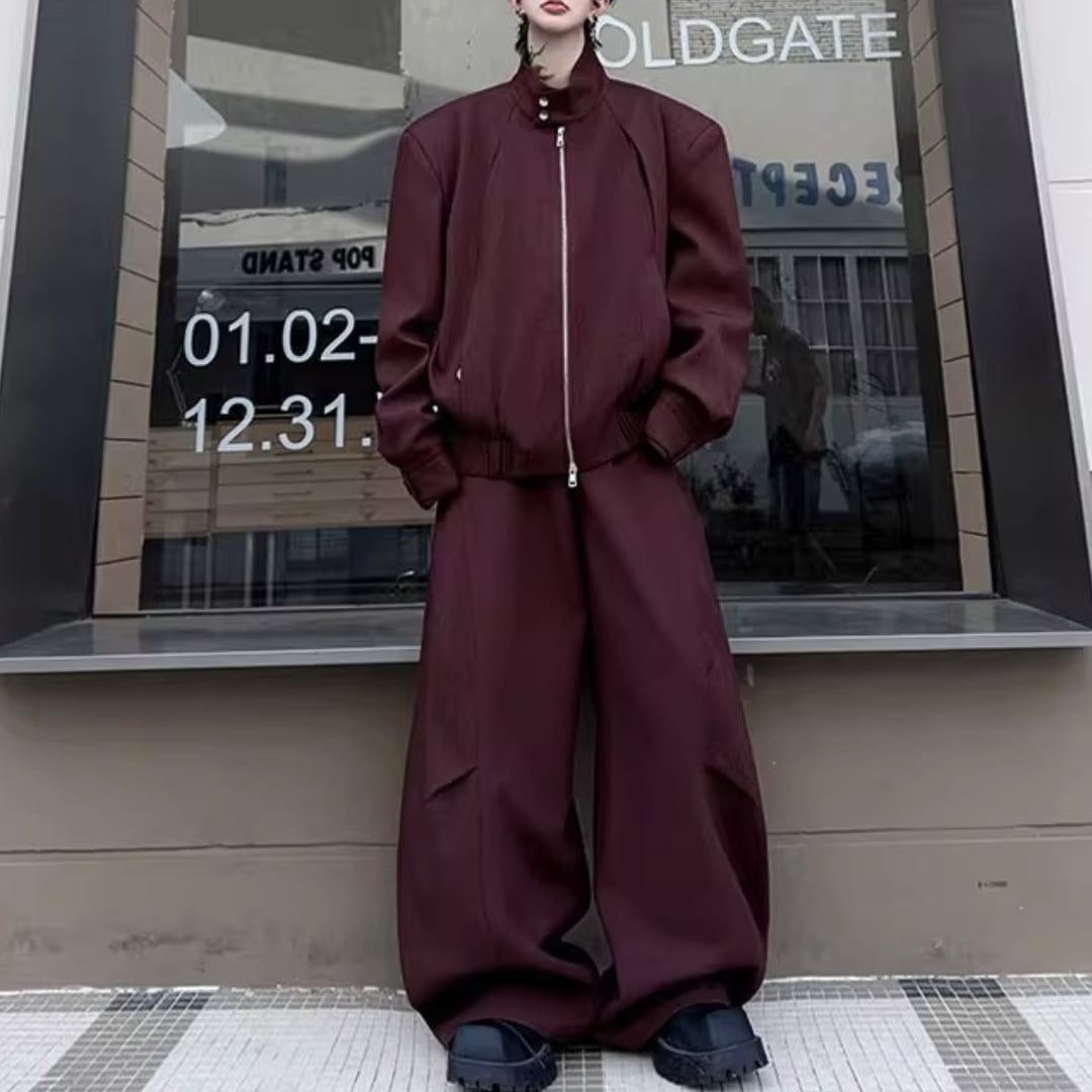 スタンドカラージッパー装飾ジャケット&ワイドレッグパンツセットアップ 2カラー D11925