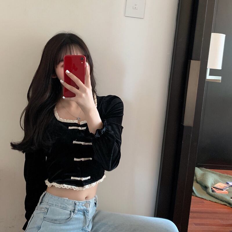 トップショートスリムフィットレーススクエアネックTシャツ女性夏新作スタイルスモール長袖ボトミングシャツトレンド YY-ファッション97232281976