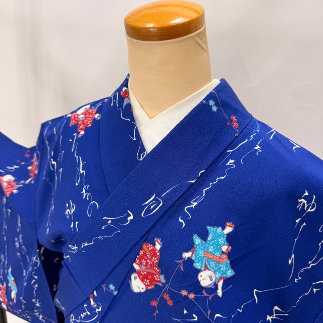 小紋 単衣 洗える着物 裄67cm 身丈159cm 花柄 お洒落着 普段着 ポリエステル 青 美品 L サイズ 6598
