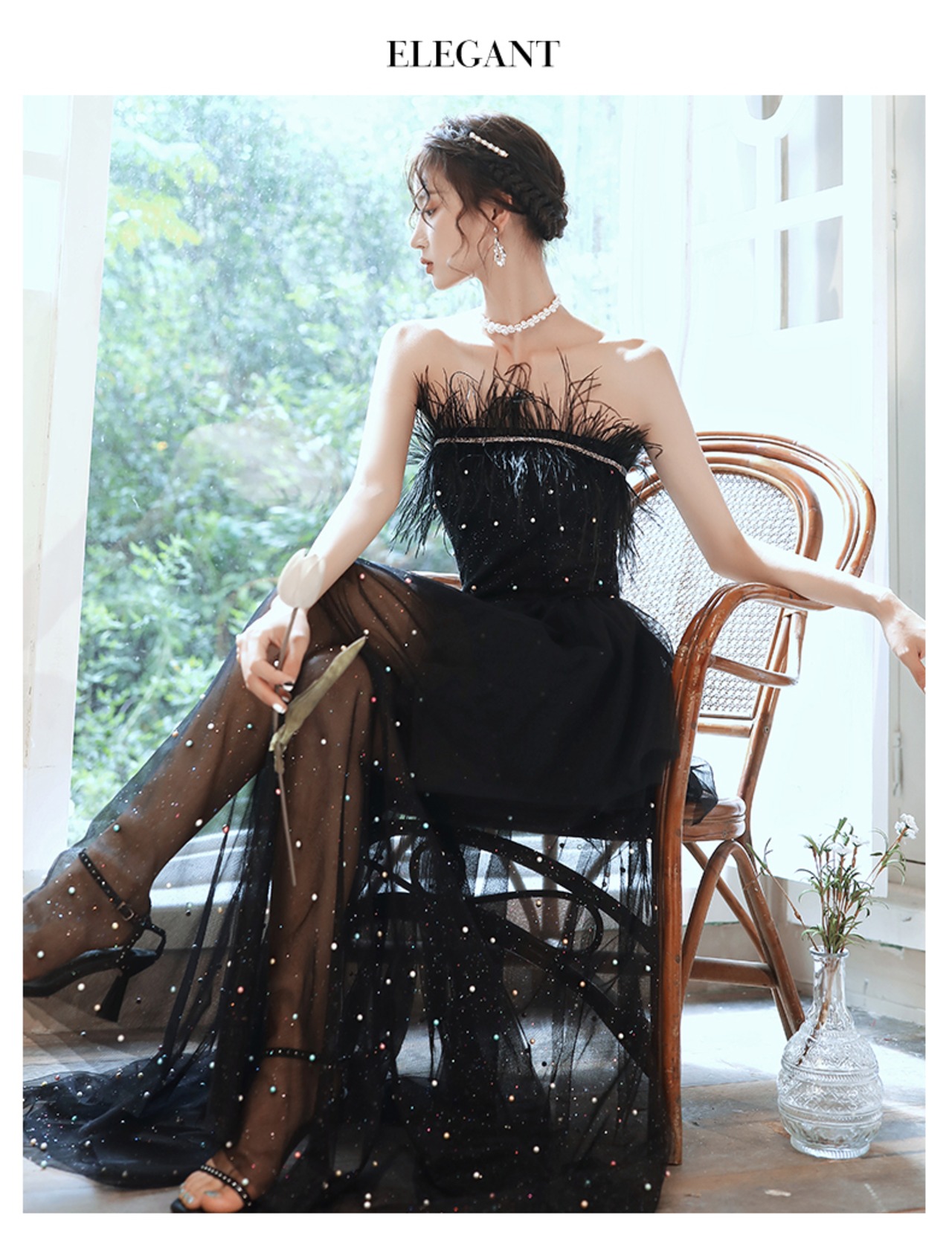 美品！パーティードレス 黒 ソフトチュール ベアトップ パール  