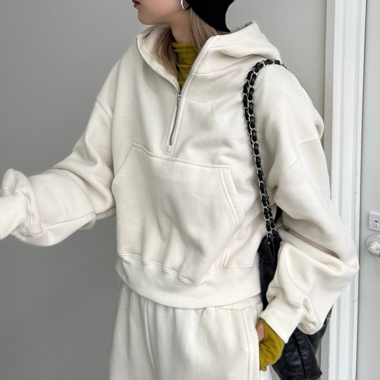 裏起毛ハーフZIPショート丈PK/エクリュ