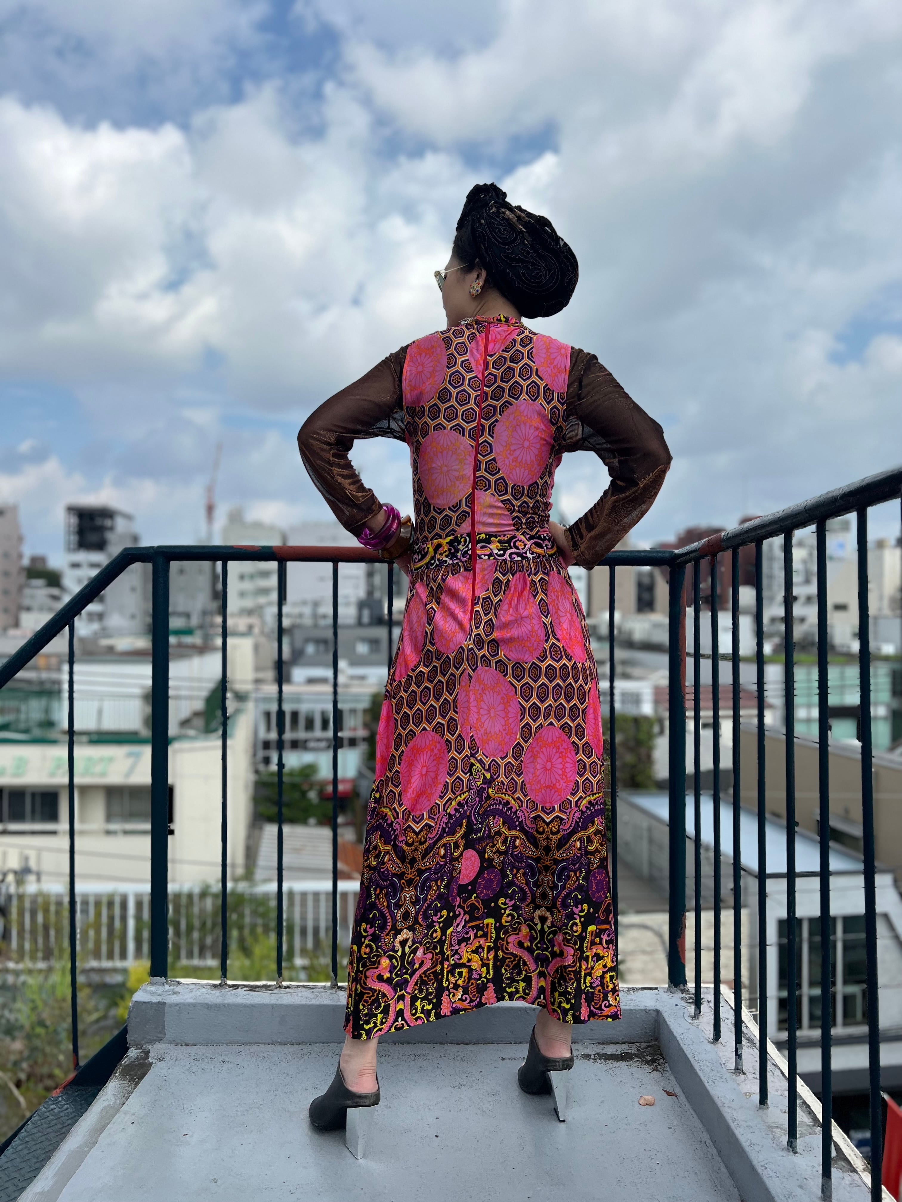 60s- 70s pink × oriental sleeveless dress ( ヴィンテージ ピンク