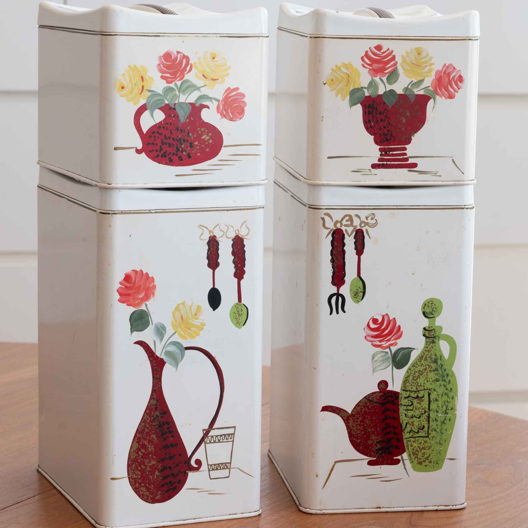 米国　RANSBURGSランズバーグ社製　長方形のメタルキャニスター　手書きのばら　４つセット　ライトベージュ