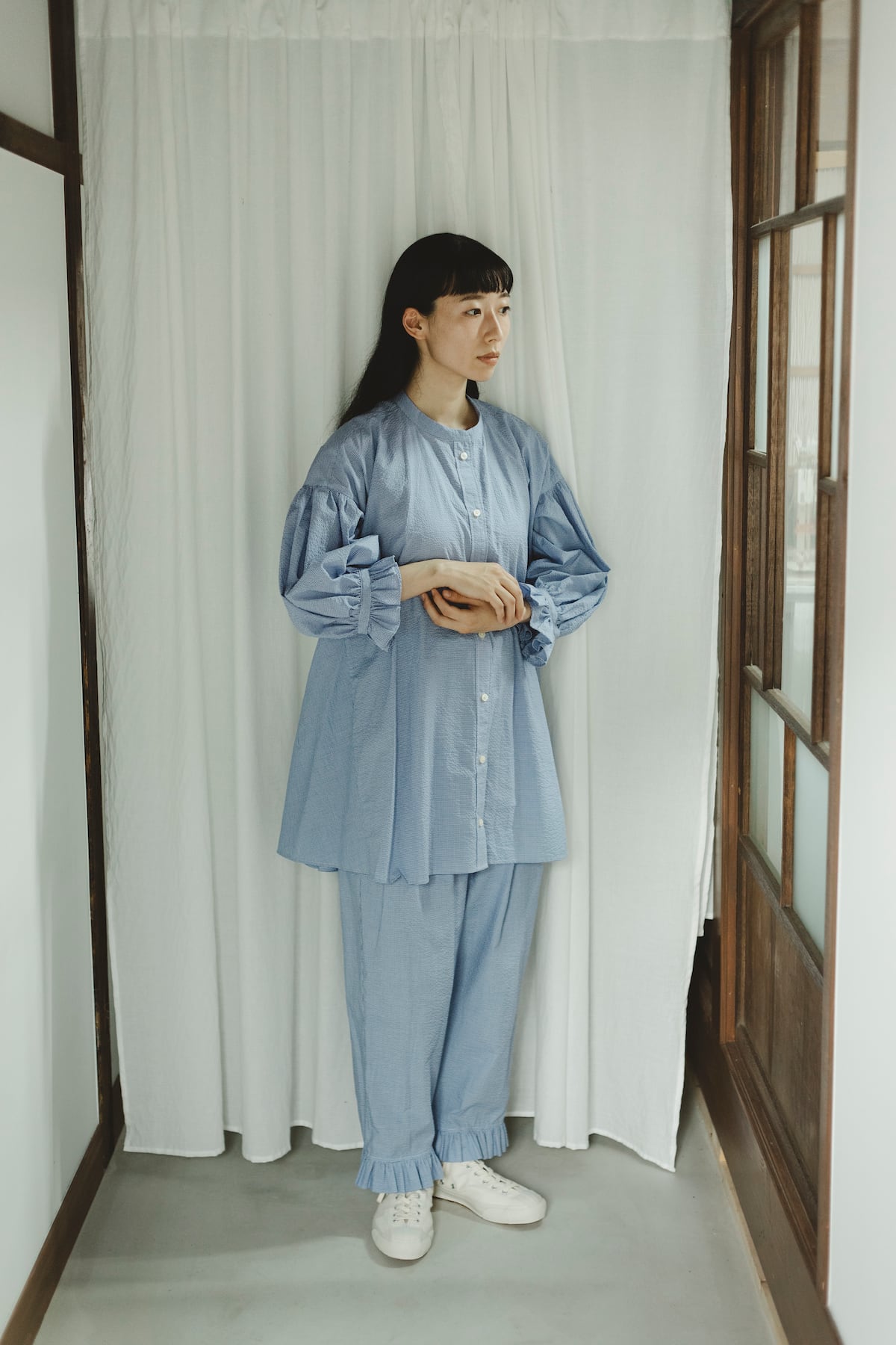 裾フリルギンガムイージーパンツ（ブルーギンガム）｜Easy frill