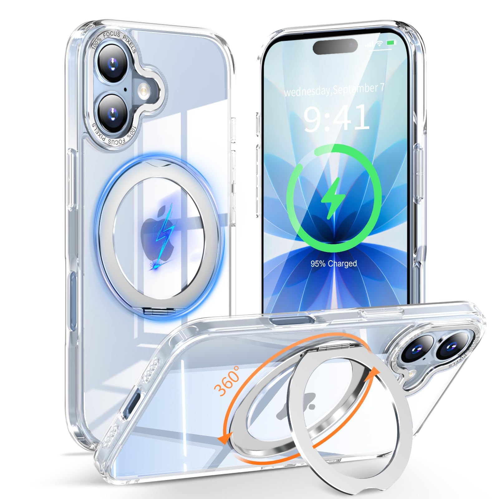KWATUNG iphone 17 用 ケース magsafe対応 あいふおん17 用 ケース 360°回転スタンド 透明【クリア】