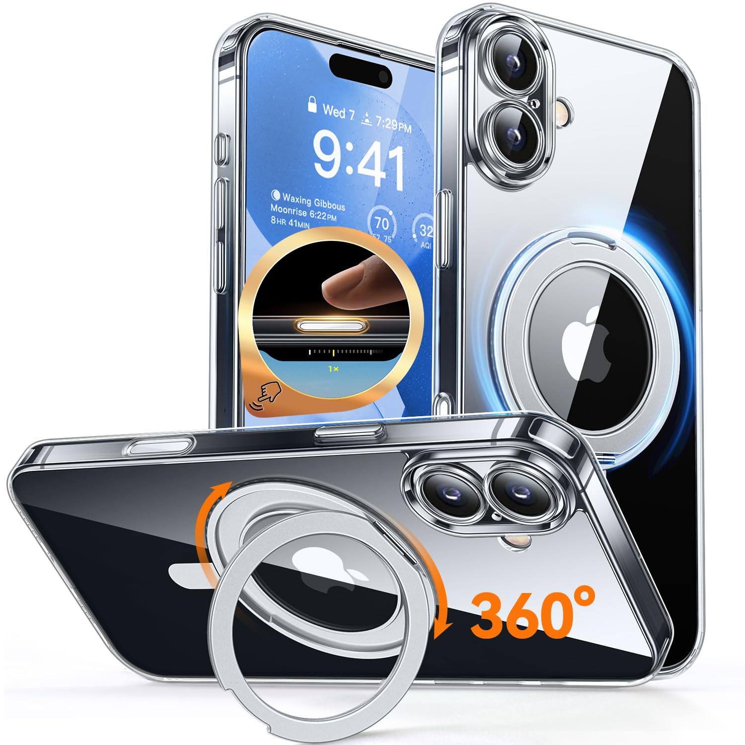 CANSHN iPhone 17 用 ケース Magsafe対応 360°回転スタンド 縦横多角度対応 カメラ周辺保護 ワイヤレス充電 透明