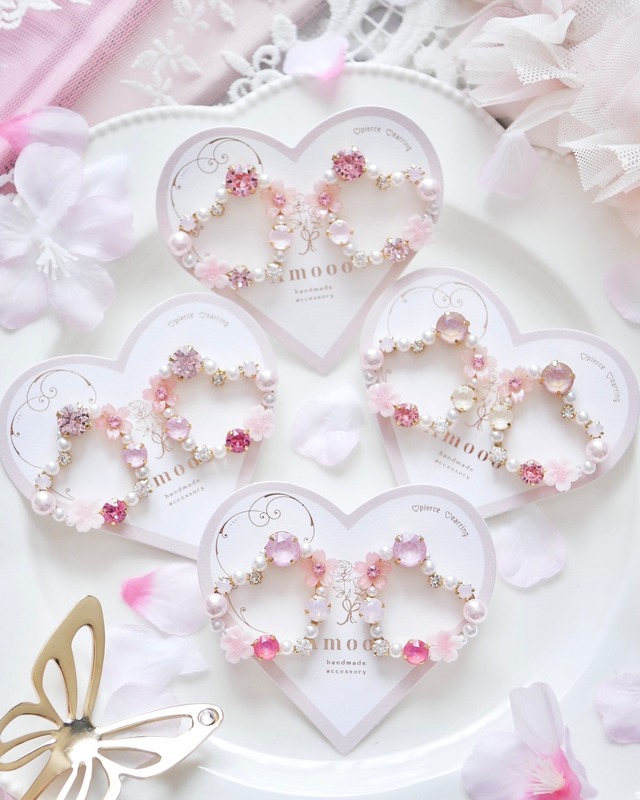 222 チェリーブロッサムクリスタルビジューハートピアス/イヤリング