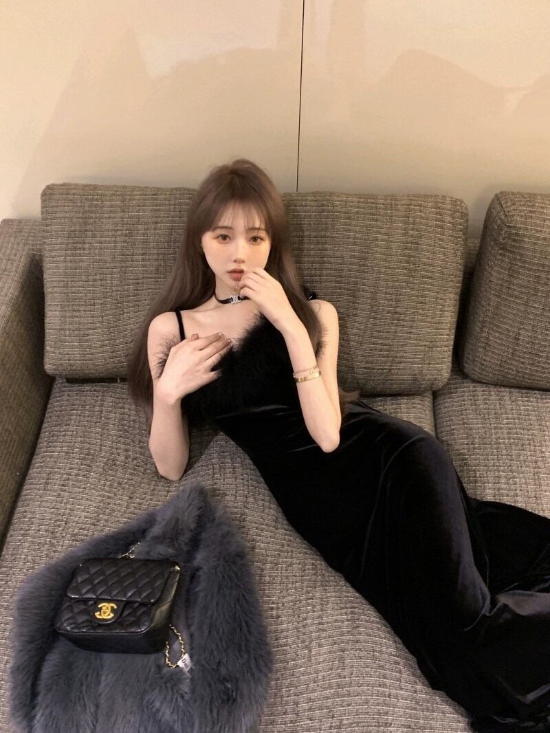 HAENGNAE / キャミワンピース/FREE/フェイクファー/BLK/1223031007 dress】フェイクファーキャミワンピース N2400 | nanastyle